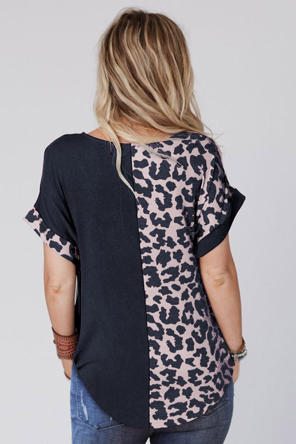 Leopard Color Block Casual Tee with Rolled Sleeves