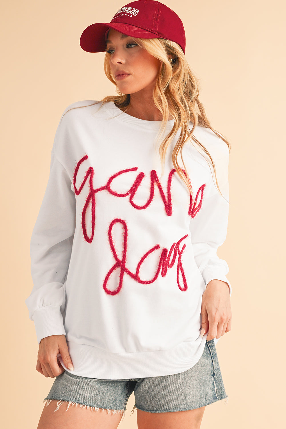 White Tinsel Game Day Drop Shoulder Sweatshirt