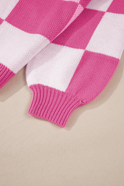 Pink Checked Bishop Sleeve Pullover Sweater