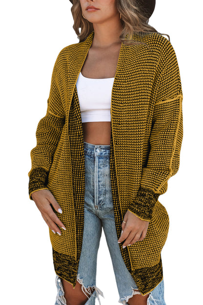 Grey Plaid Contrast Trim Casual Knit Cardigan