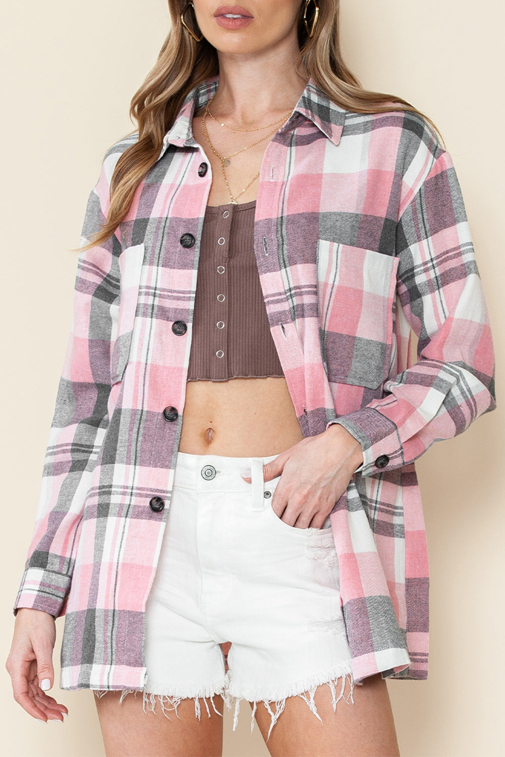 Pink Long Sleeve Collar Button Up Flannel Shacket