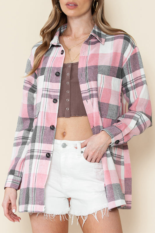 Pink Long Sleeve Collar Button Up Flannel Shacket