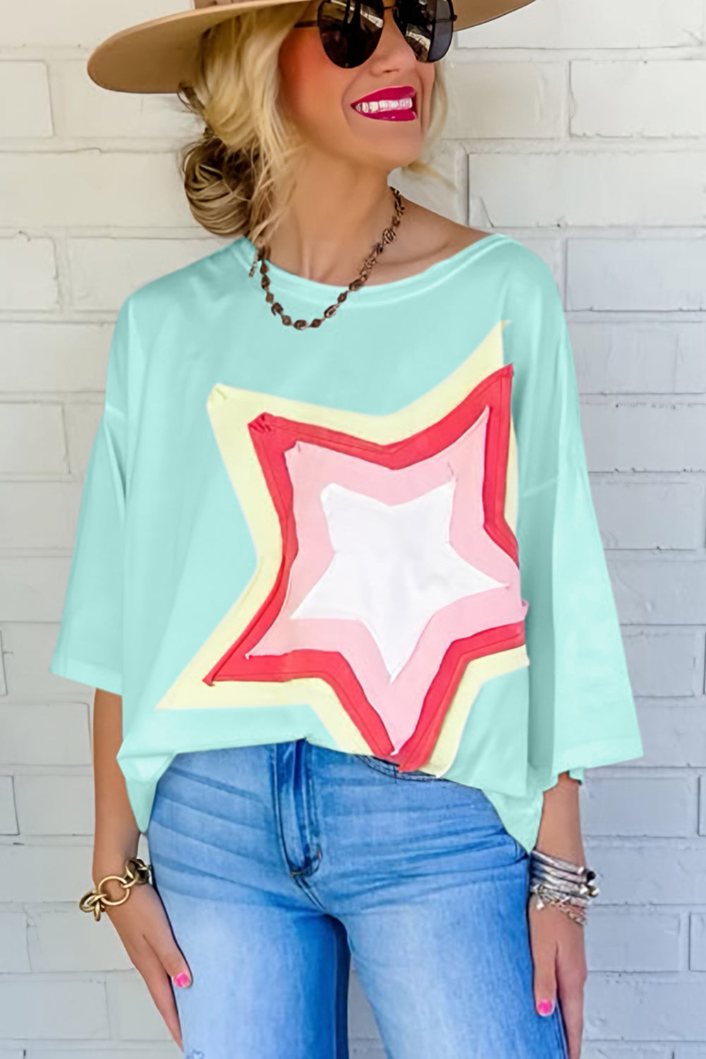 Light Pink Star Patch Colorblock Tee