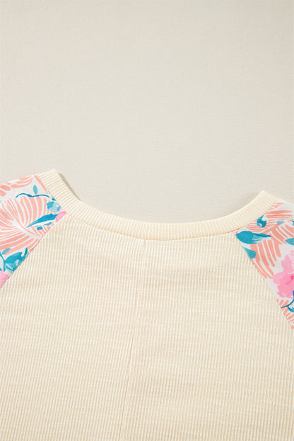 Apricot Crinkle Rib Floral Patchwork Balloon Sleeve Top