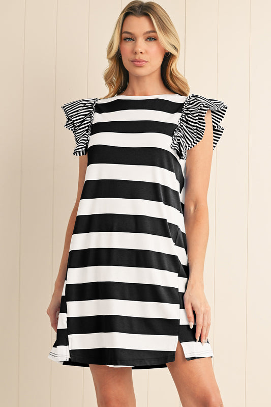 Sky Blue Stripe Ruffle Sleeve T-shirt Dress