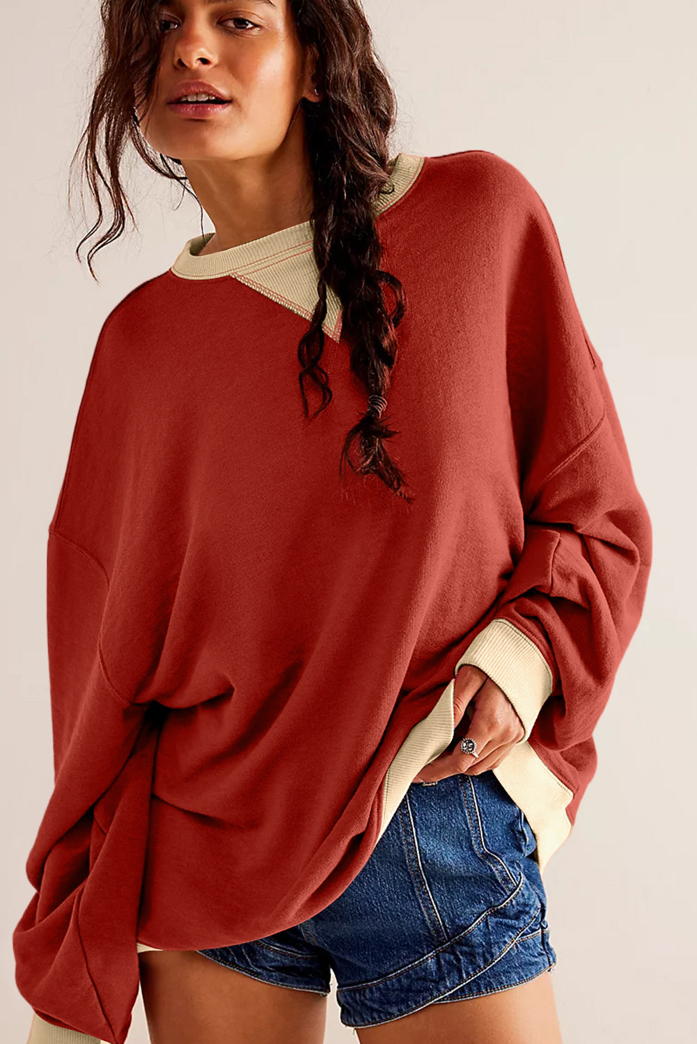Red Clay Color Block Drop Shoulder Crewneck Oversized Sweatshirt
