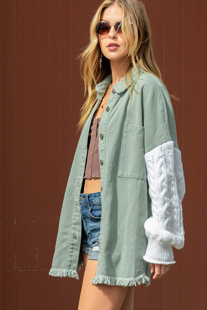 Green Cable Knit Patchwork Sleeve Raw Hem Shacket