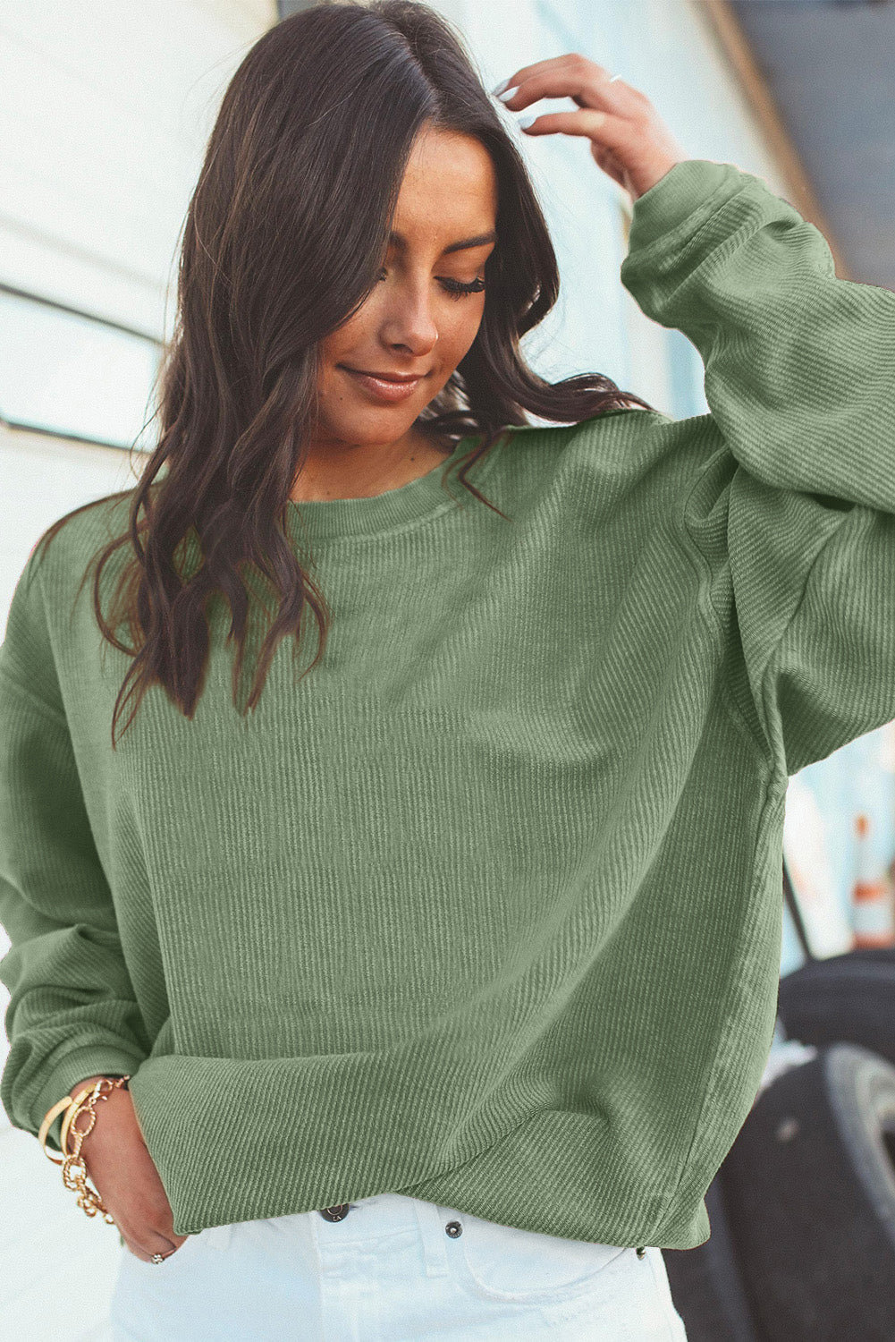 Strawberry Pink Drop Sleeve Ribbed Oversized Sweatshirt