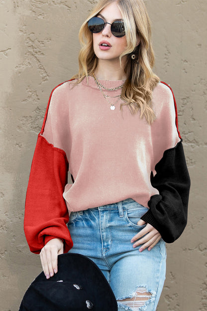 Brown Colorblock Bishop Sleeve Exposed Seam Ribbed Trim Sweater