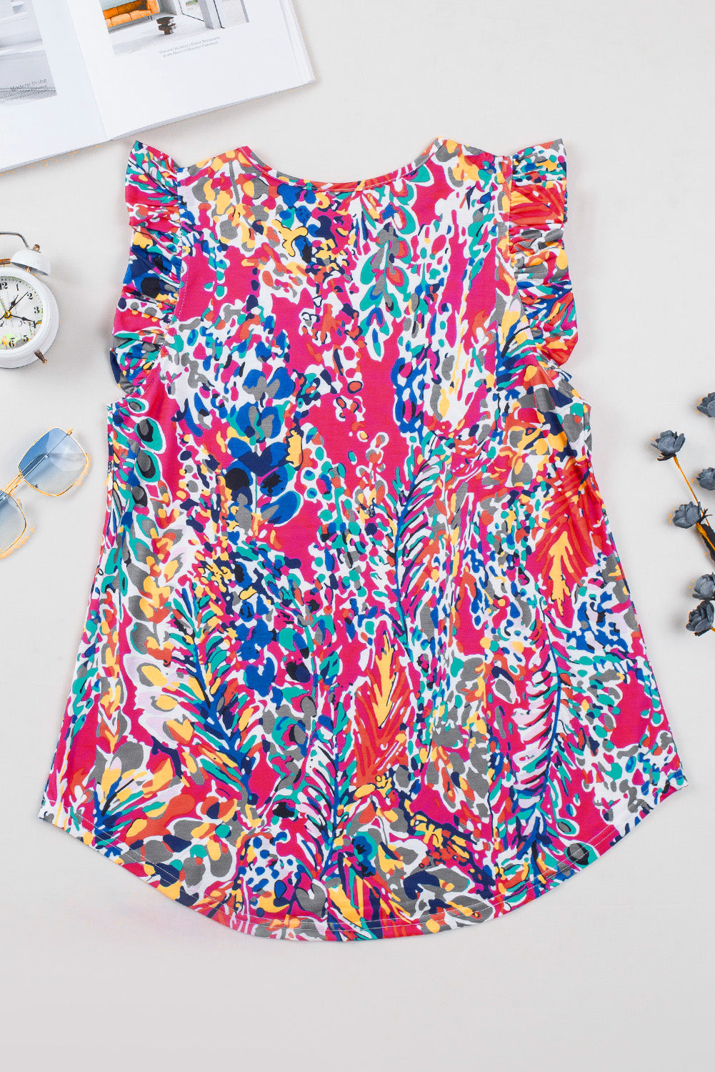 Rosy Boho Abstract Print Color Block Ruffle Babydoll Sleeveless Shirt