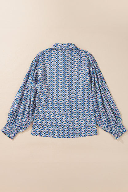 Sky Blue Abstract Print Collared Lantern Sleeve Shirt