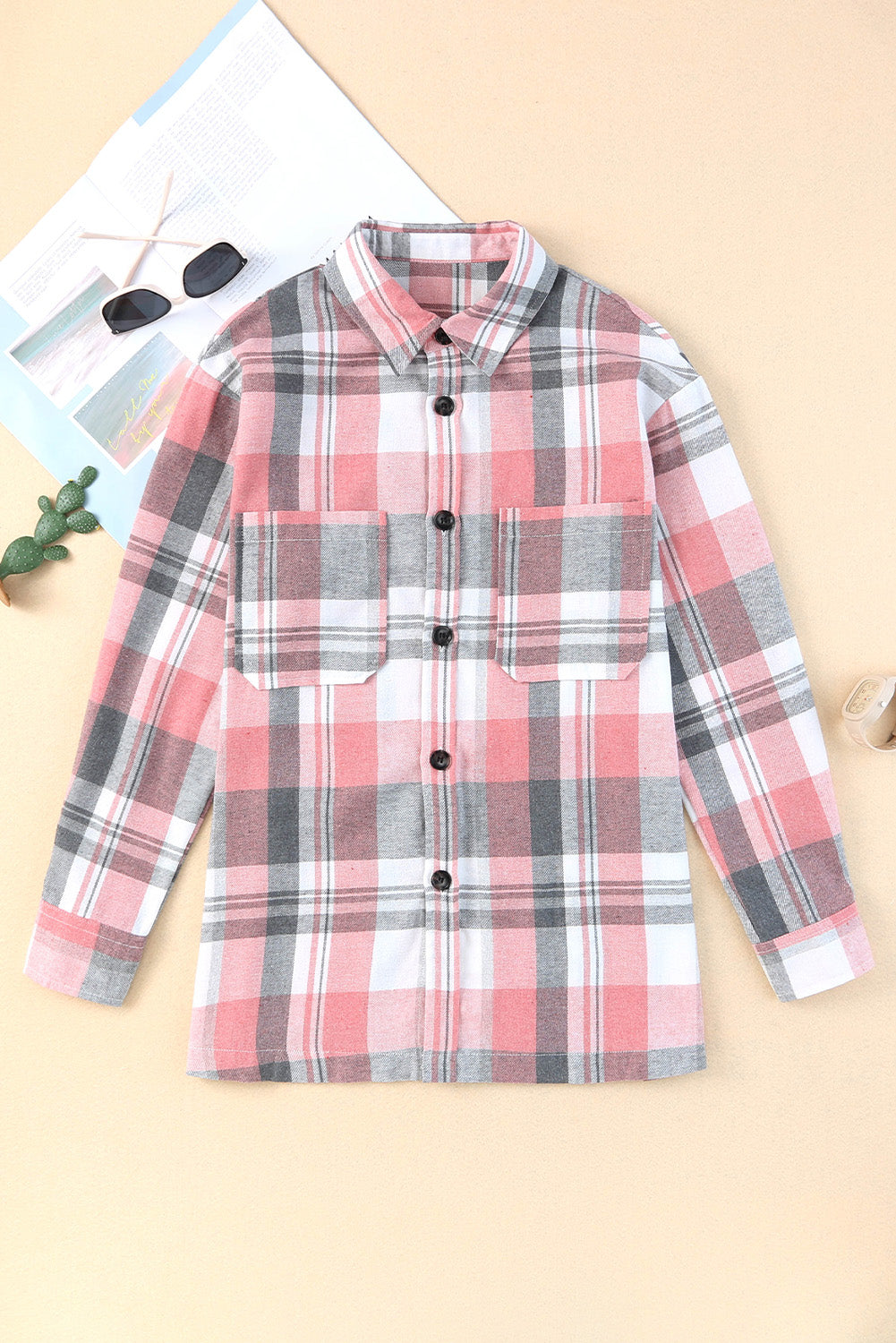 Pink Long Sleeve Collar Button Up Flannel Shacket