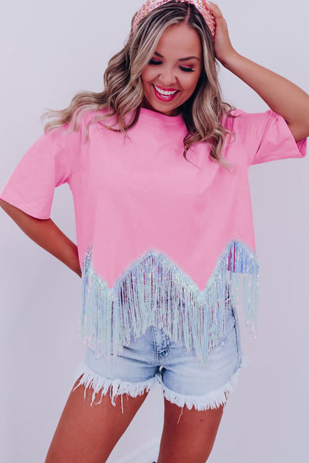 Pink Casual Fringe Sequin Hem Cropped T Shirt