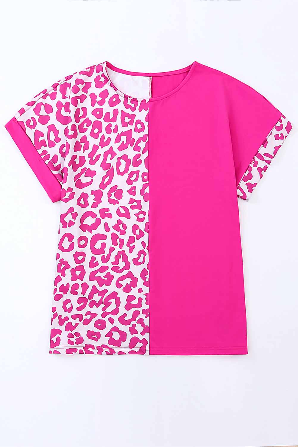 Leopard Color Block Casual Tee with Rolled Sleeves