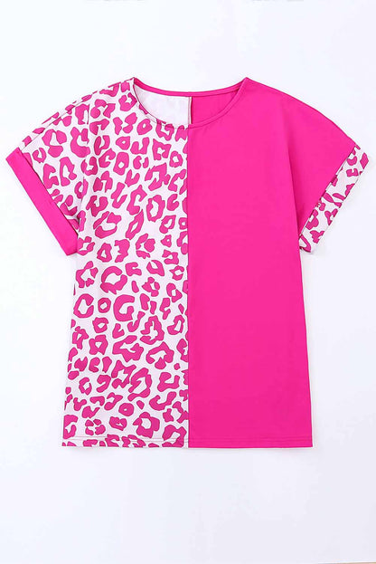 Leopard Color Block Casual Tee with Rolled Sleeves