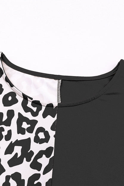 Leopard Color Block Casual Tee with Rolled Sleeves