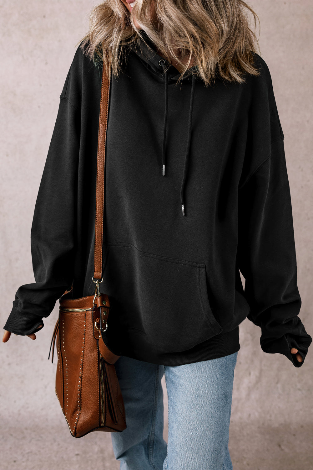 Black Kangaroo Pocket Drawstring Chunky Hoodie
