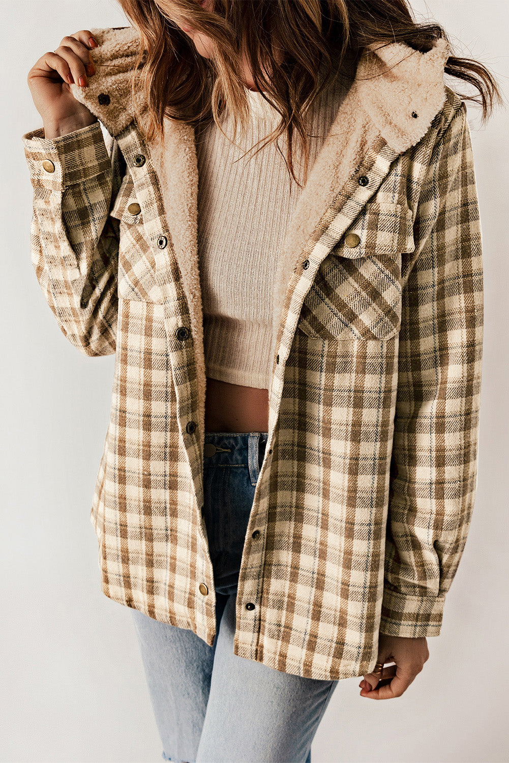 Blue Snap Button Sherpa Lined Hooded Flannel Jacket