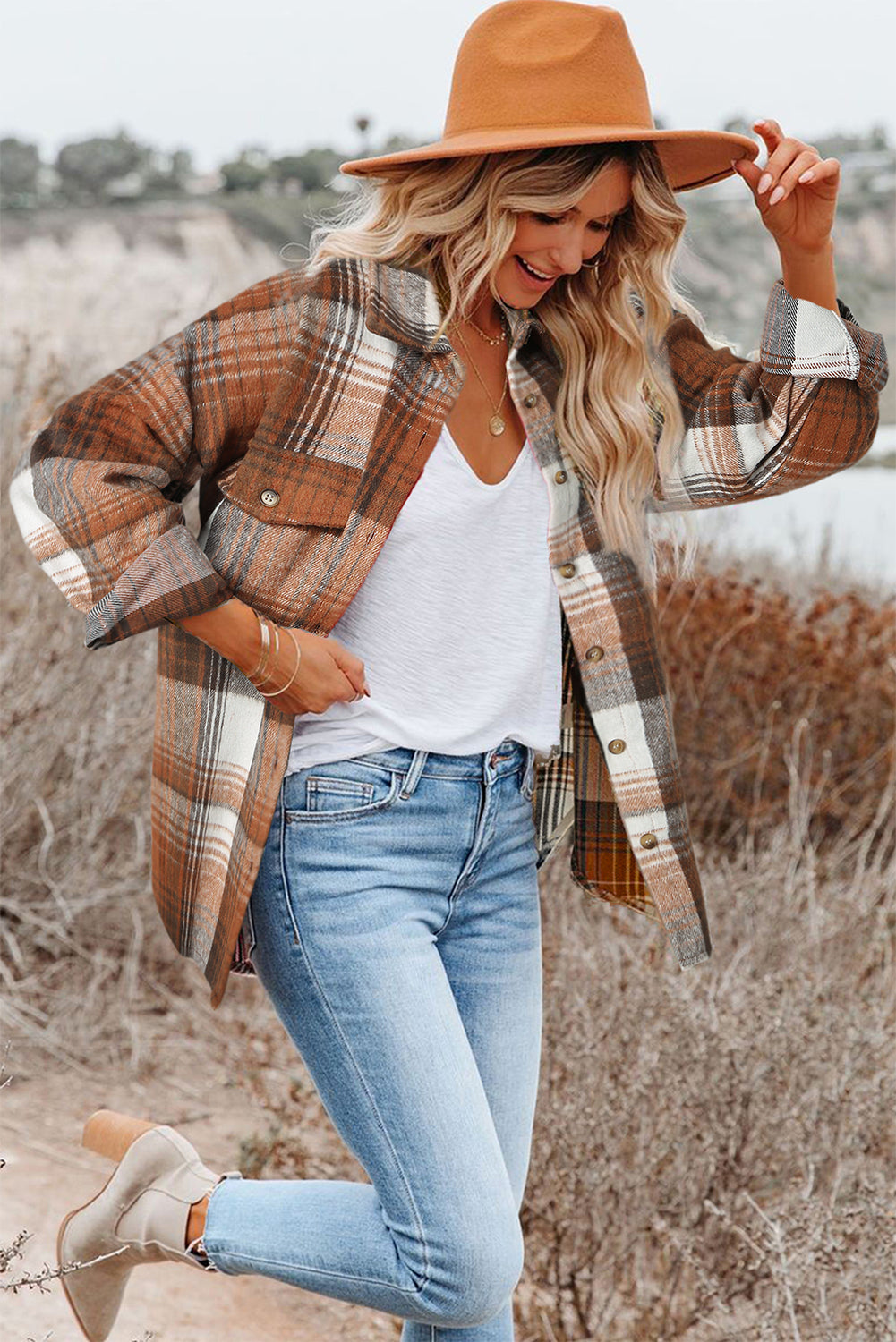Pink and Grey Plaid Button Up Collar Flannel Shacket