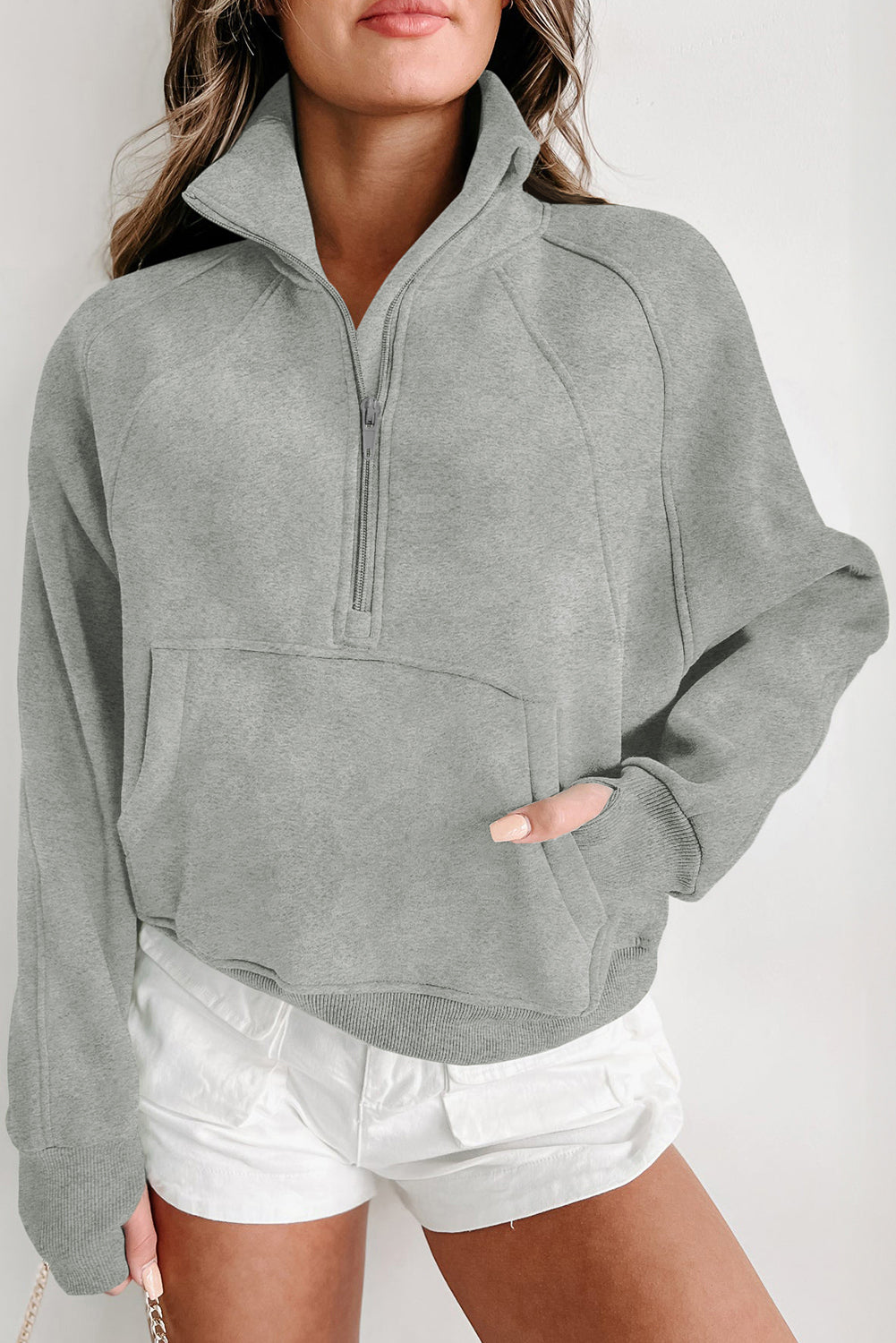 Brown Stand Collar Thumbhole Sleeve Sweatshirt