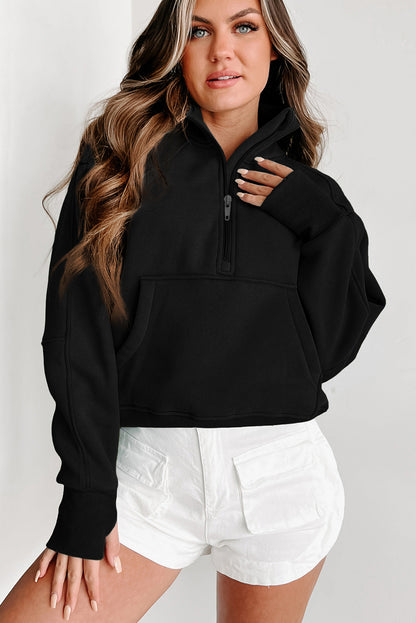 Brown Stand Collar Thumbhole Sleeve Sweatshirt