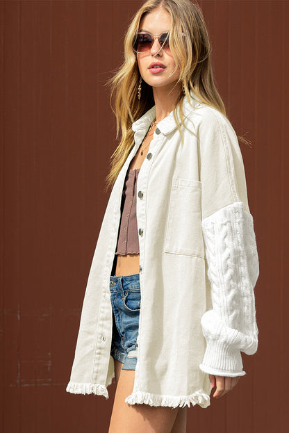 Green Cable Knit Patchwork Sleeve Raw Hem Shacket
