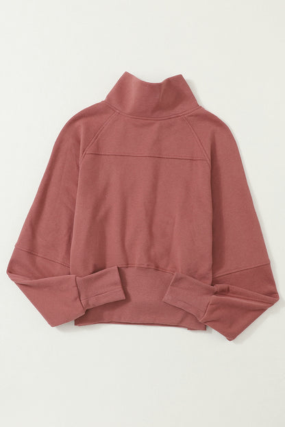 Brown Stand Collar Thumbhole Sleeve Sweatshirt