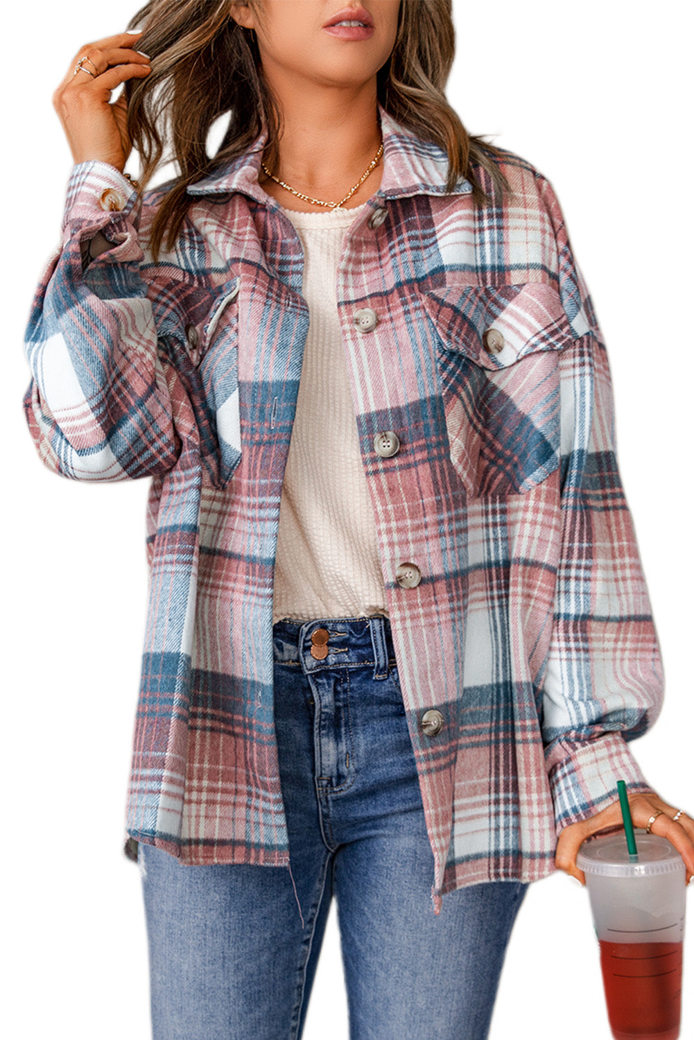 Pink and Grey Plaid Button Up Collar Flannel Shacket