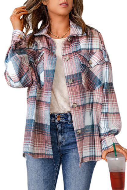 Pink and Grey Plaid Button Up Collar Flannel Shacket