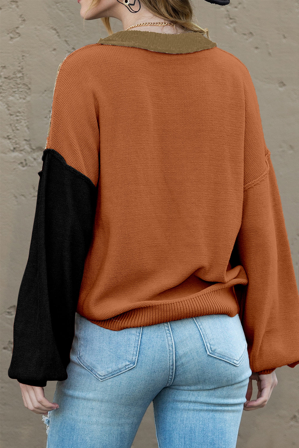 Brown Colorblock Bishop Sleeve Exposed Seam Ribbed Trim Sweater