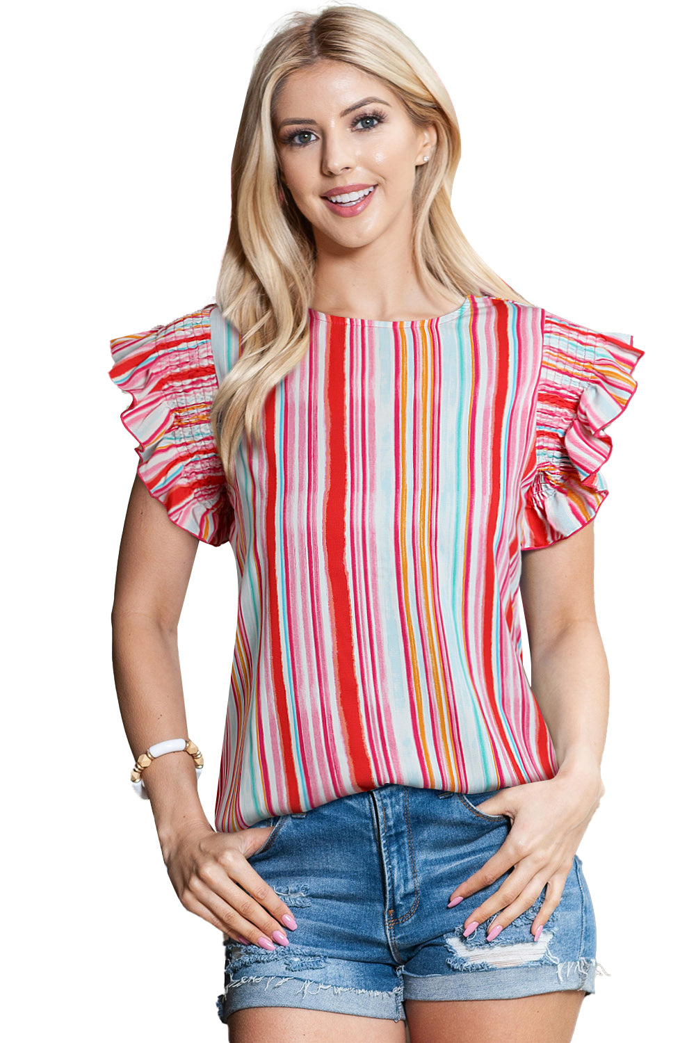 Multicolor Striped Summer Top Ruffle Sleeve Blouse for Women