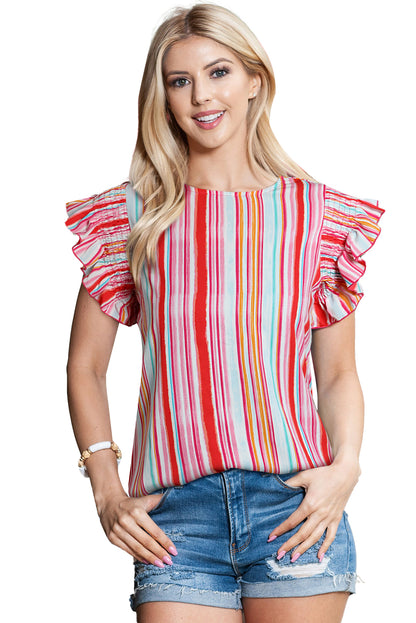 Multicolor Striped Summer Top Ruffle Sleeve Blouse for Women
