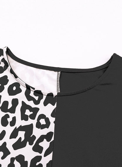 Leopard Color Block Casual Tee with Rolled Sleeves
