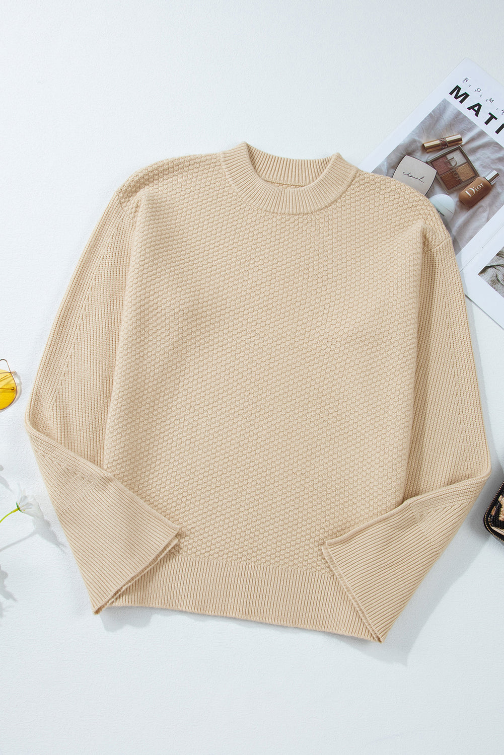 Gray Textured Knit Split Cuff Drop Shoulder Loose Sweater