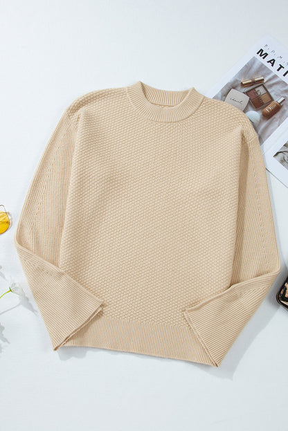 Gray Textured Knit Split Cuff Drop Shoulder Loose Sweater