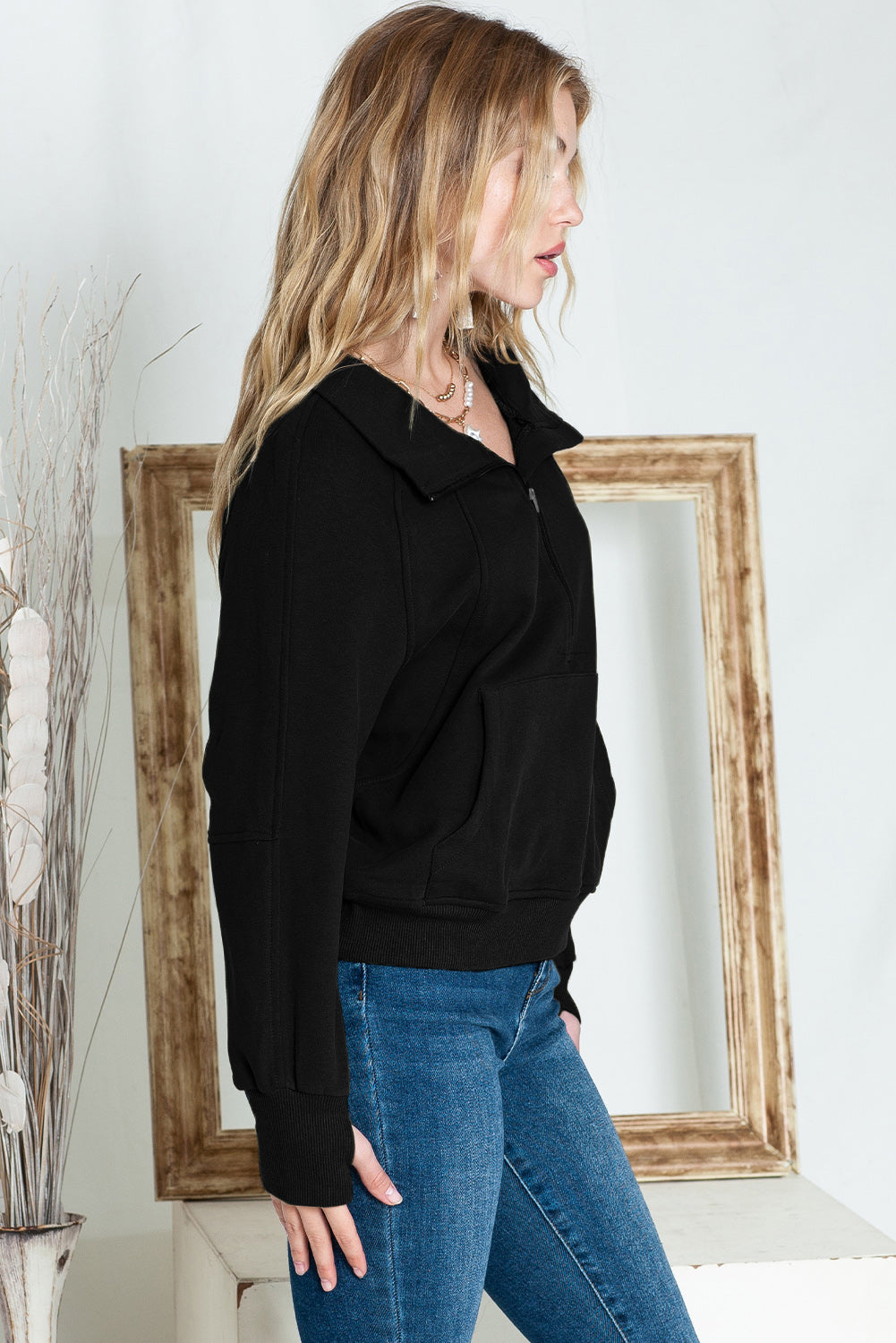 Brown Stand Collar Thumbhole Sleeve Sweatshirt