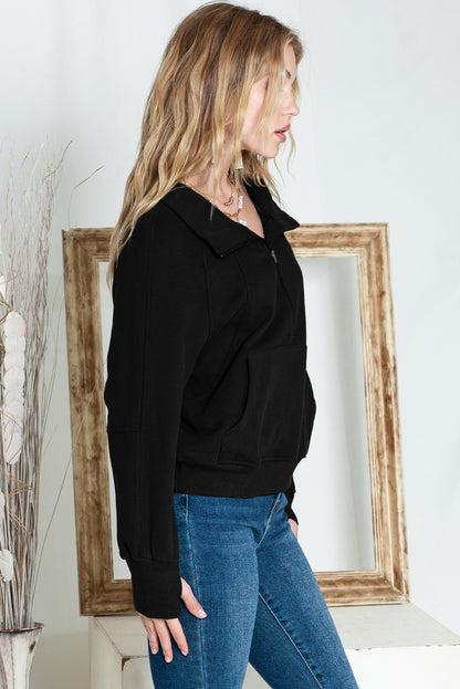 Brown Stand Collar Thumbhole Sleeve Sweatshirt