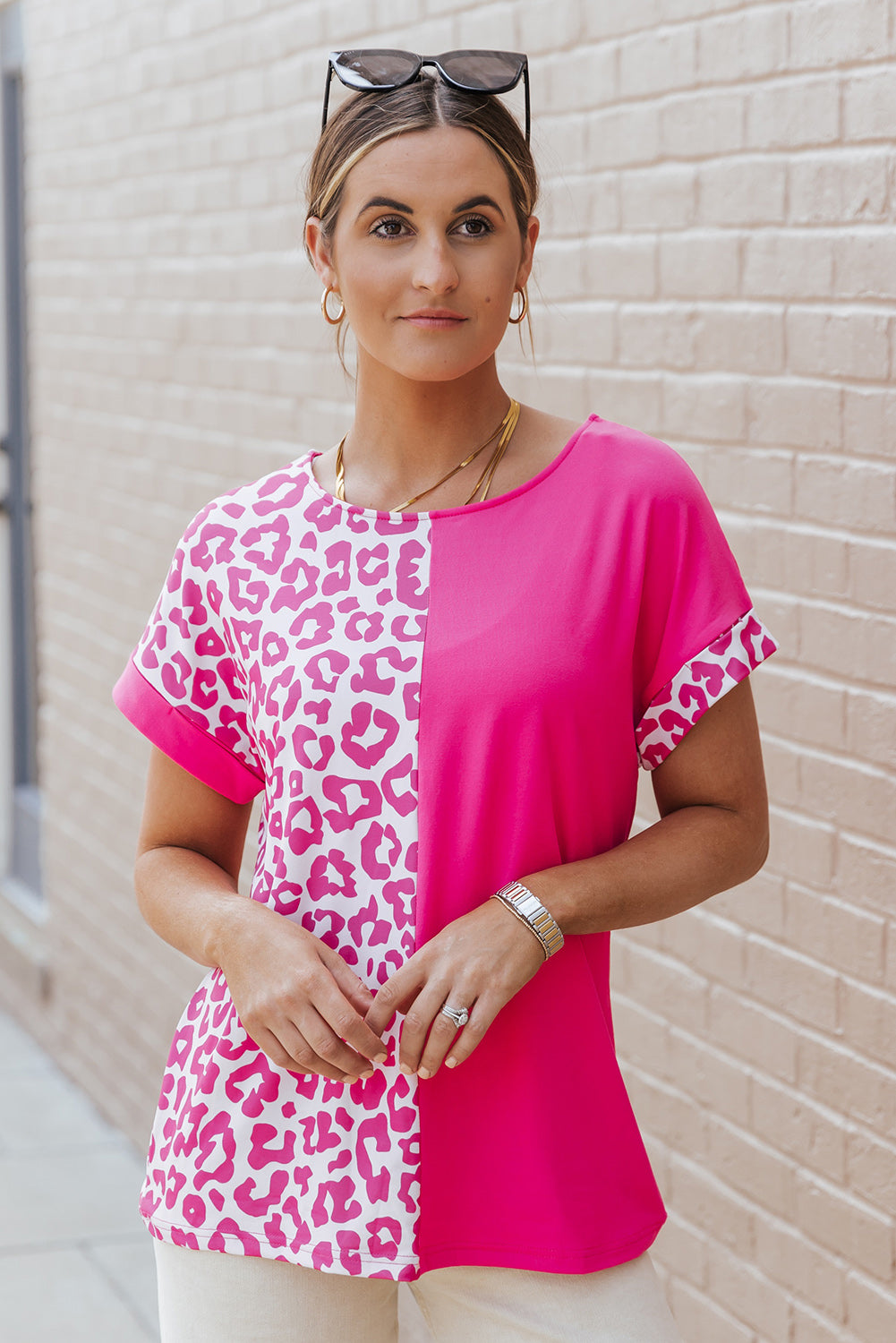 Leopard Color Block Casual Tee with Rolled Sleeves