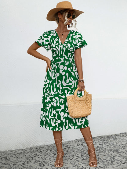 Printed V Neck Short Sleeve Dress