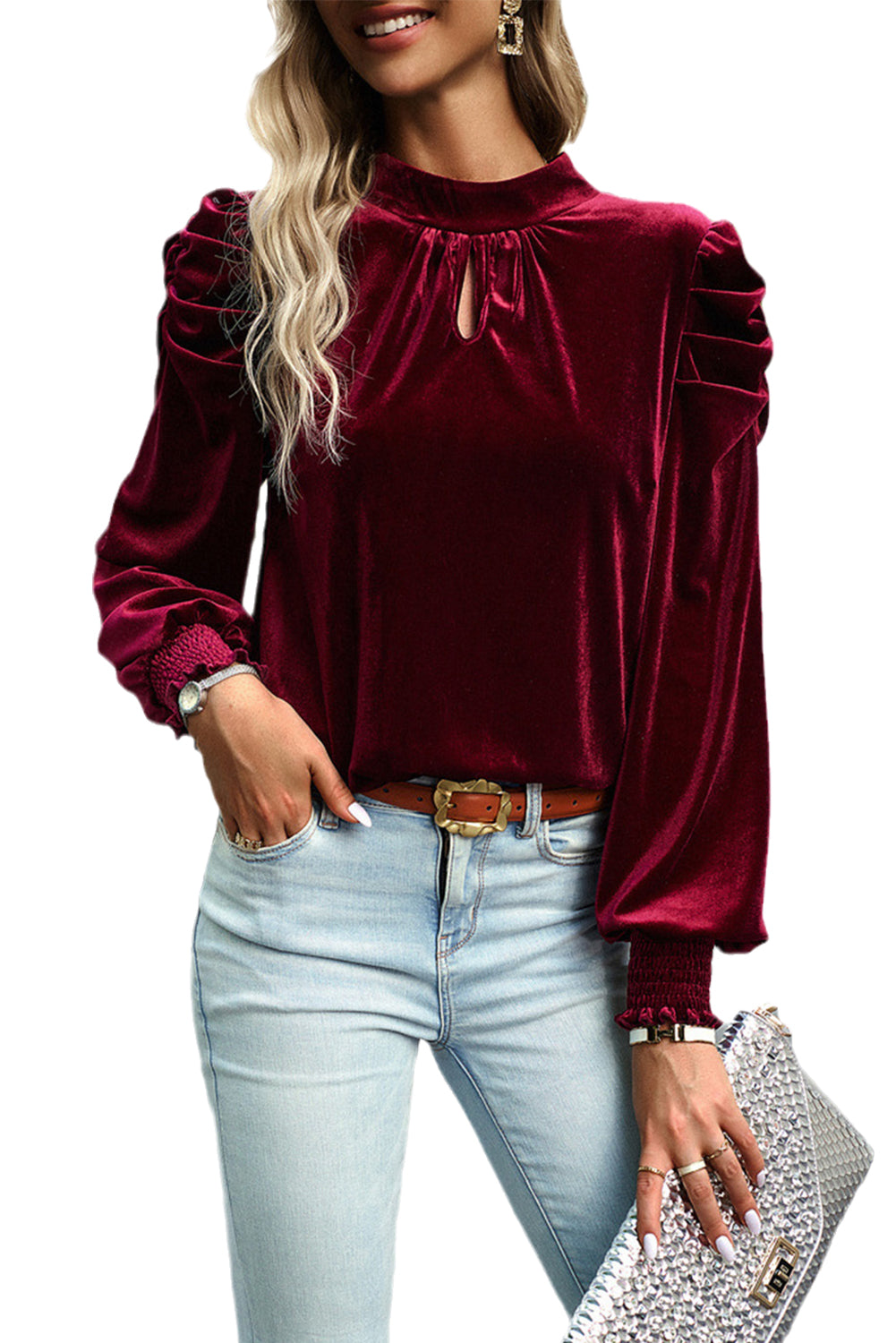 Peach Blossom Mock Keyhole Neck Puff Sleeve Velvet Blouse