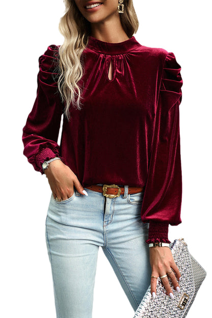 Peach Blossom Mock Keyhole Neck Puff Sleeve Velvet Blouse