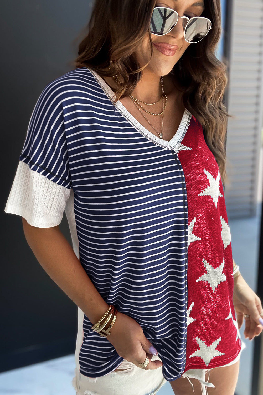 Blue Striped Stars Print V-Neck Tee