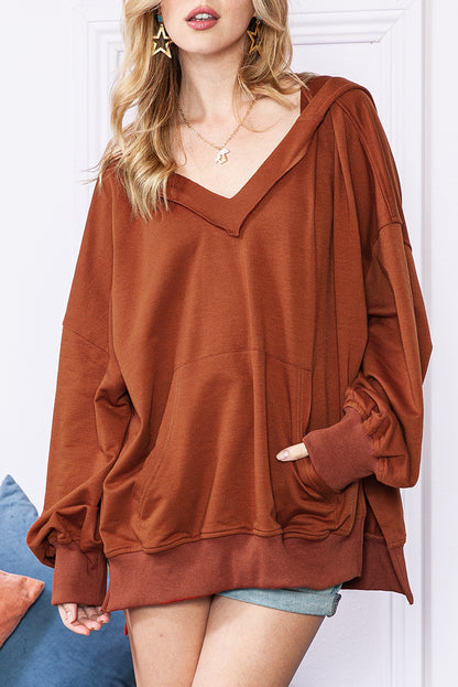 Chestnut Patchwork V-Neck Oversized Slit Hem Sweatshirt