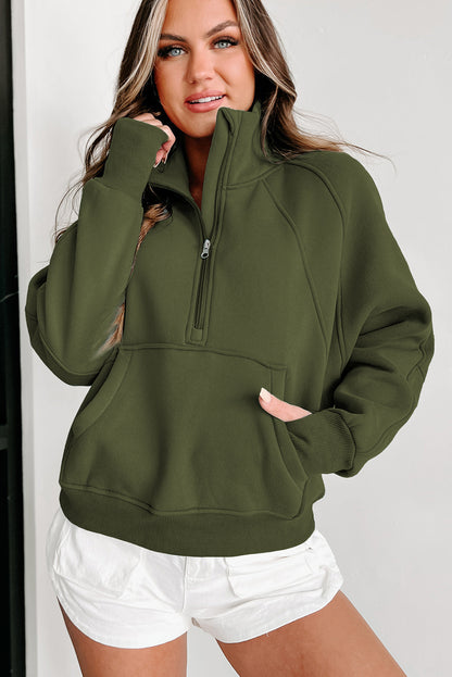 Brown Stand Collar Thumbhole Sleeve Sweatshirt