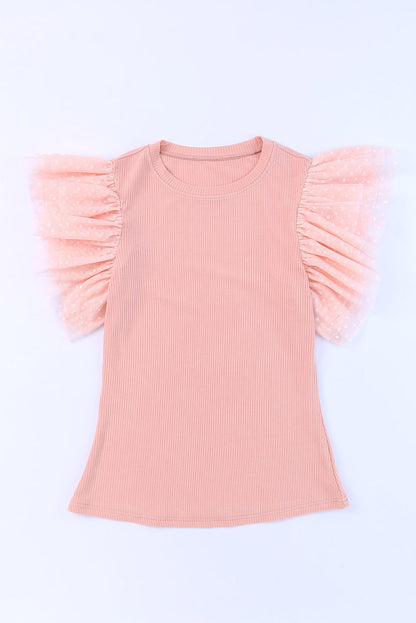 Pink Casual Dotty Layered Ruffle Ribbed Knit Top
