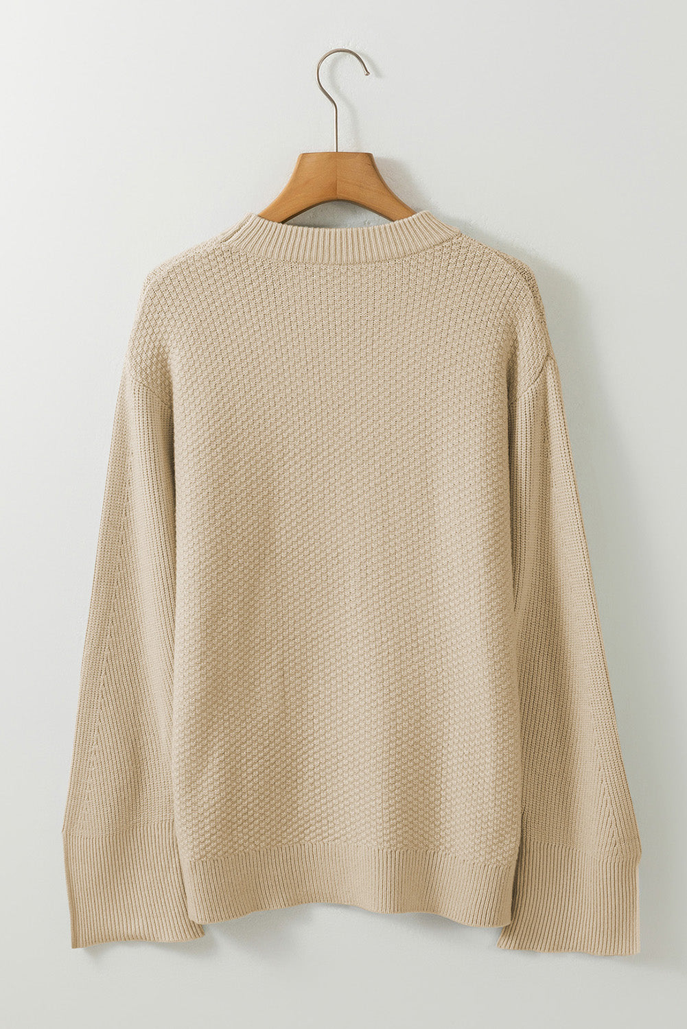 Gray Textured Knit Split Cuff Drop Shoulder Loose Sweater