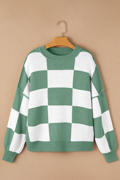Pink Checked Bishop Sleeve Pullover Sweater