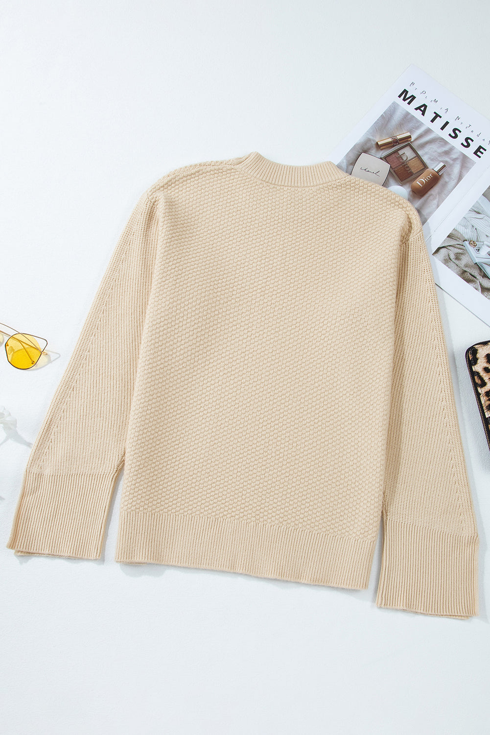 Gray Textured Knit Split Cuff Drop Shoulder Loose Sweater