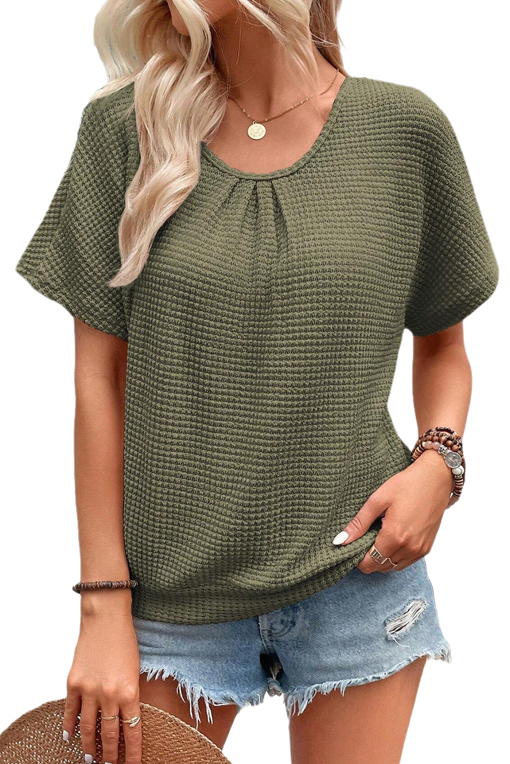 Moss Green Guipure Lace Splicing Back Waffle T Shirt