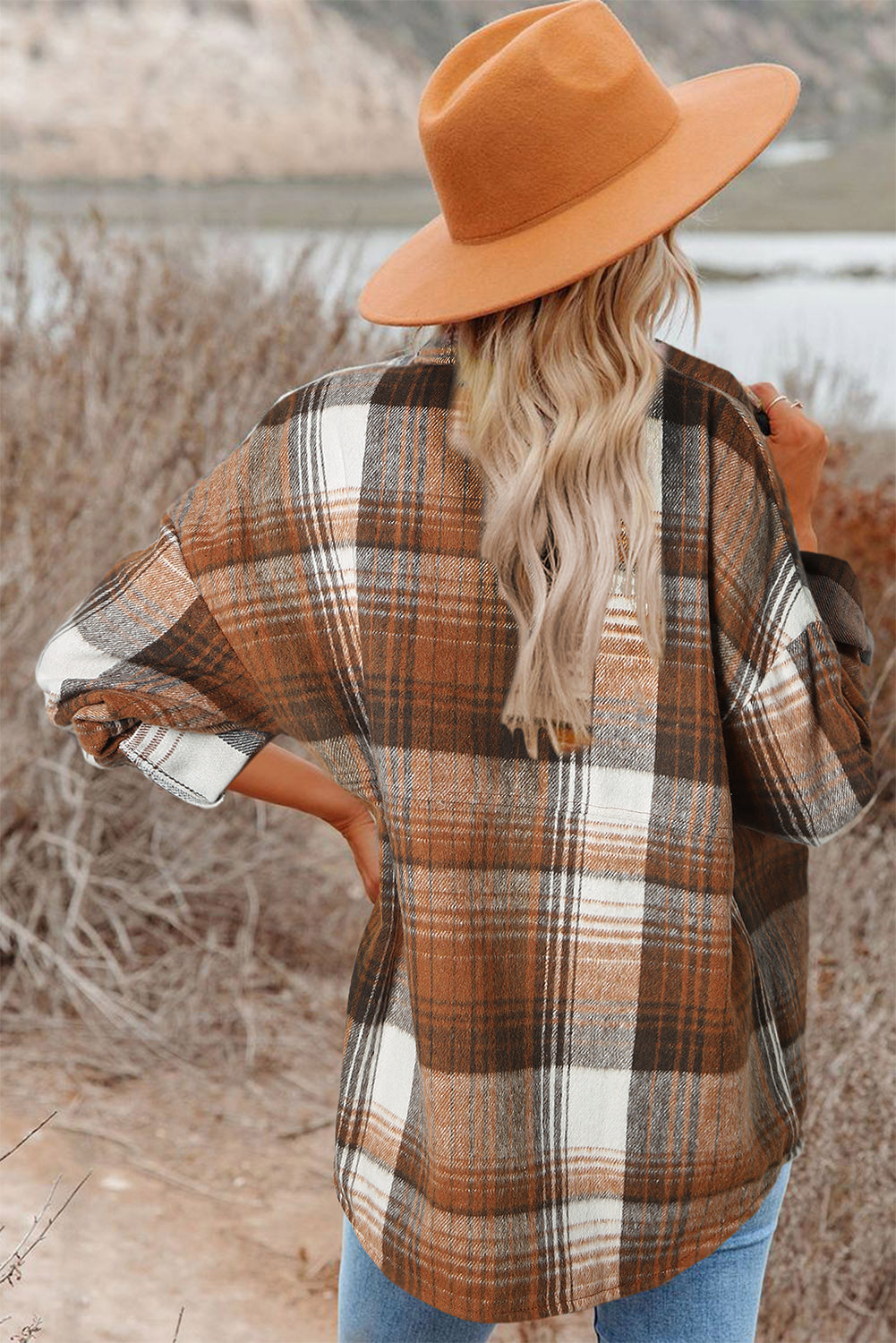 Pink and Grey Plaid Button Up Collar Flannel Shacket